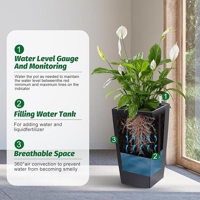 GarveeLife 22.5" Tall Planters Set of 2, Outdoor&Indoor Black Planter Pots, High Front Porch Planter Pots With Drainage Holes&Water Level Monitor&Inner Bucket, Automatic Watering, Black and White Dots