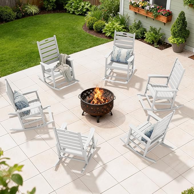 SERWALL HDPE Outdoor Rocking Chair, Oversized Rocking Chair with Footboard, High Back Porch Rocker Chair with 350lbs Support, White