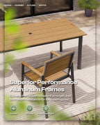 67" Rectangle HDPS Patio Dining Table, Aluminum Outdoor Patio Dining Table with Umbrella Hole, Weather-Resistant for Lawn, Garden, Yard, Poolside and Indoor Use (Gray & Teak)