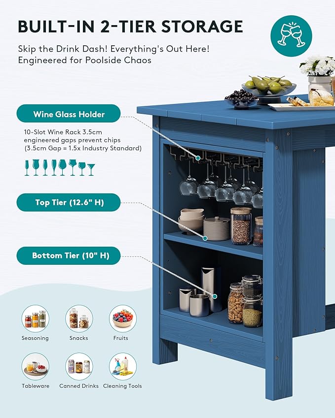 SERWALL 10-Piece HDPE Counter Height Dining Table Sets with Storage and Wine Rack, 2 Rectangular Bar Table with Bar Stools Set of 8 for Garden, Backyard, Kitchen, Blue