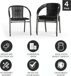 EMMA + OLIVER Set of 4 Modern Rattan Indoor/Outdoor Stack Chairs, Stacking Rattan Patio Chairs with Curved Back and Cross Bracing, Black