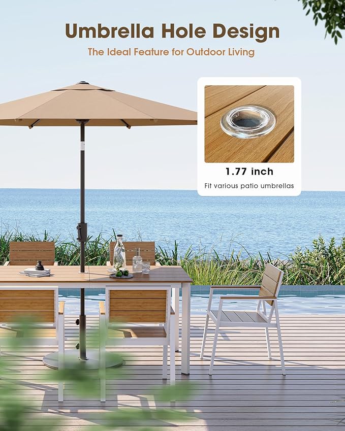Outdoor Patio Dining Chairs Set of 2, Aluminum & HDPS All-Weather Dining Chairs for Deck, Lawn, Backyard, Pool (White & Teak)