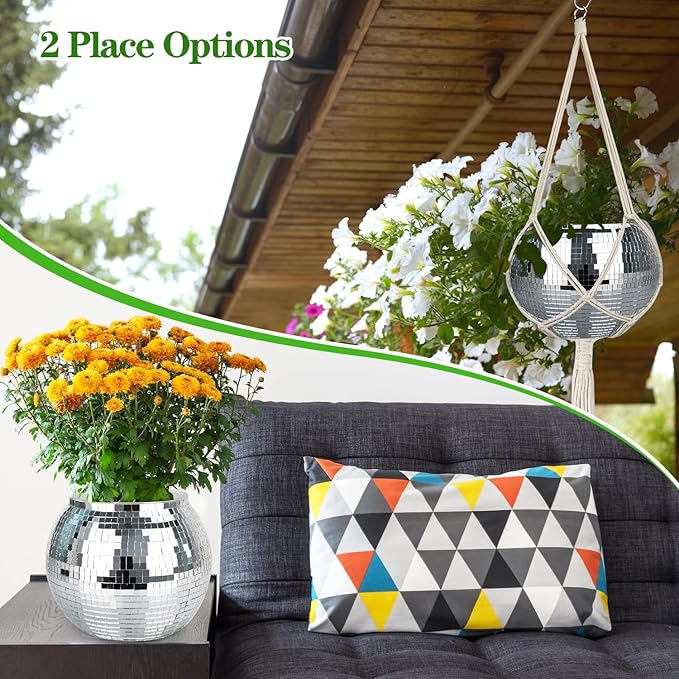 Disco Ball Planter, 1pcs 10” Silver Disco Ball Planter, Disco Ball Plant Hanger with Hanging Rope, Hanging Chain, Hook, Circle and Extra Mirror Pieces