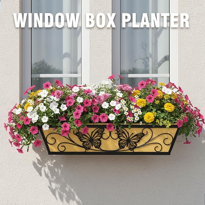 6 Pack 24 Inch Window Boxes Planter Railing Planters Box with Adjustable Brackets for Porch Deck Balcony Hanging Butterfly Decorative Flower Baskets & Non-Woven Fabric Liner for Outdoor Plants - Black