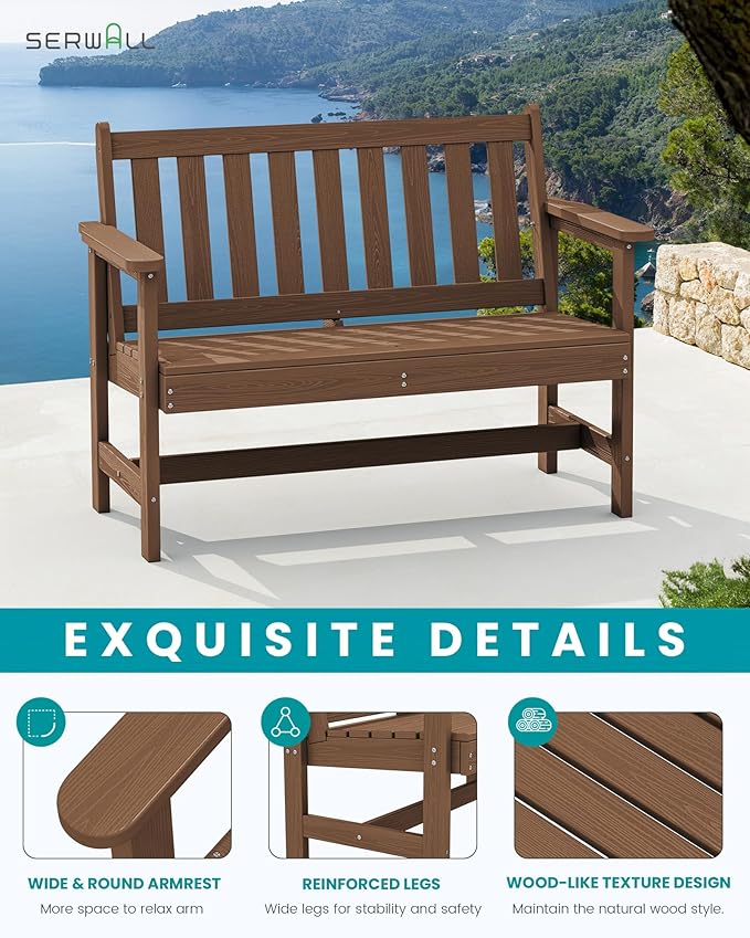 SERWALL Outdoor Bench, HDPE Outdoor Benches Weatherproof, 2-Person Garden Bench with 660 lbs Weight Capacity, Patio Benches for Outdoors, Garden, Porch, Backyard and Park, Brown, 2 Pack