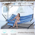 TegerDeger 12FT 2 Person Hammock Large Hammock 450LB Capacity with V Shaped Hardwood Spreader Bar & Nylon Rope for Outside, Patio, Garden, Backyard, Beach, Poolside - Blue Stripes