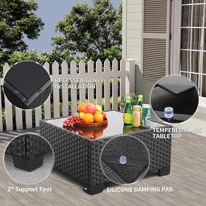 9 Pieces Outdoor Sectional All-Weather Wicker Patio Furniture Set Patio Sectional Glass Patio Table Non-Slip Cushions and Waterproof Covers, Khaki