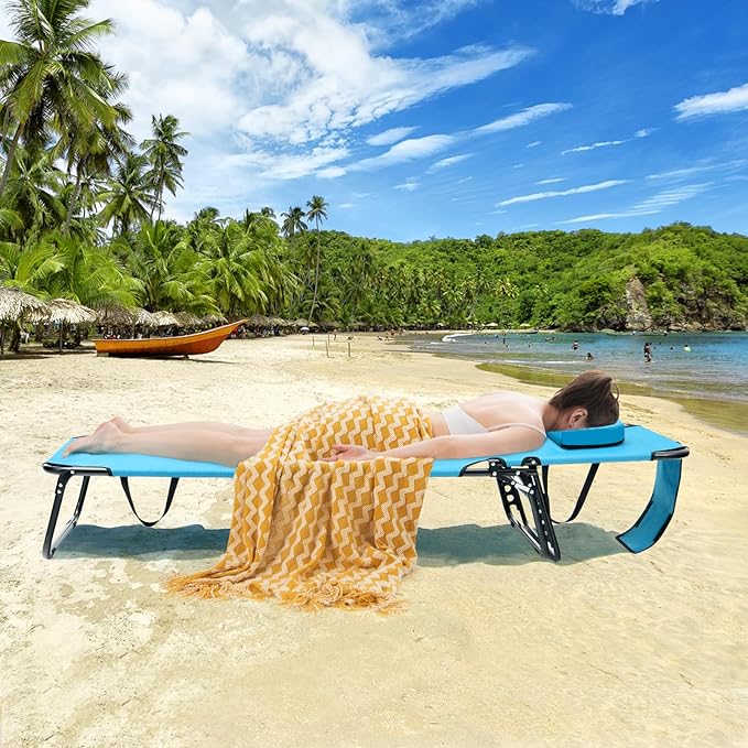 GYMAX Tanning Chair, 350lbs Beach Lounge Chair with Face Hole, Washable Pillow & Carry Strap, Adjustable Folding Chaise Lounge, Layout Lounger for Outside, Patio, Poolside, Lawn (2, Arctic)