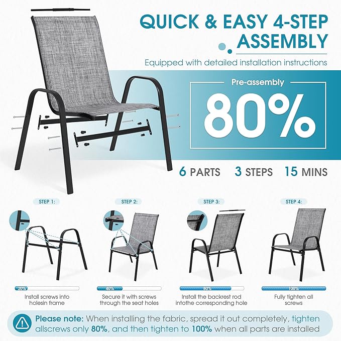 Outdoor Stackable Chairs Set of 6, Stacking Patio Chairs with Textilene Fabric, Outside Furniture for Garden Backyard Balconie Poolside Deck, Grey