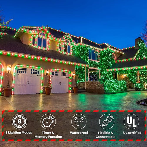 50ft LED Rope Lights Outdoor, 360 LED Connectable and Flexible Tube Lights with 8 Modes, Waterproof LED Rope Lighting for Garden Patio Pool Bedroom PartyIndoor Outdoor Christmas Decor (Red & Green)