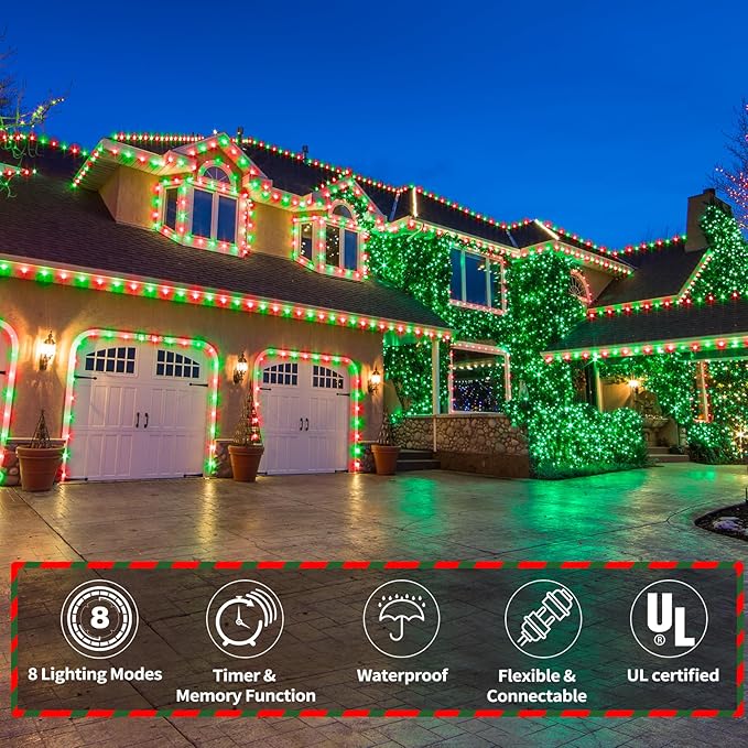 100ft LED Rope Lights Outdoor, 720 LED Connectable and Flexible Tube Lights with 8 Modes, Waterproof LED Rope Lighting for Garden Patio Pool Bedroom PartyIndoor Outdoor Christmas Decor (Red & Green)