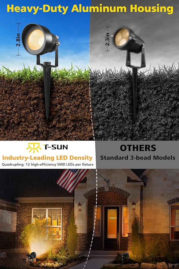 T-SUN Dusk to Dawn Outdoor Lighting, Flag Spot Lights with Photocell Auto On/Off, Waterproof 3000K Warm White LED Plug-in Landscape Spotlights for Garden Yard Tree Pathway Pole House, 2 Pack