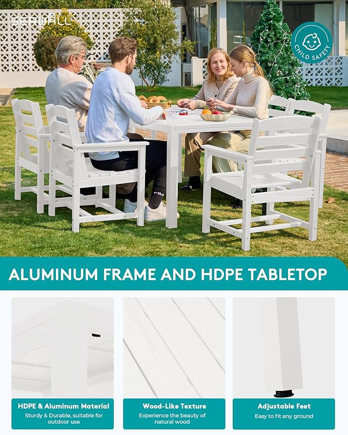 SERWALL 9-Piece Outdoor Dining Set, 60" - 83" Expandable Outdoor Dining Table and 8 HDPE Chairs, All Weather HDPE Outdoor Furniture Set for Backyard, Garden, White