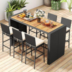 COSTWAY 7 PCS Patio Rattan Wicker Bar Set, 30'' Bar Height Chairs with Back, Footrest and Cushion, Outdoor Table with Wooden Top for Backyard Garden Deck