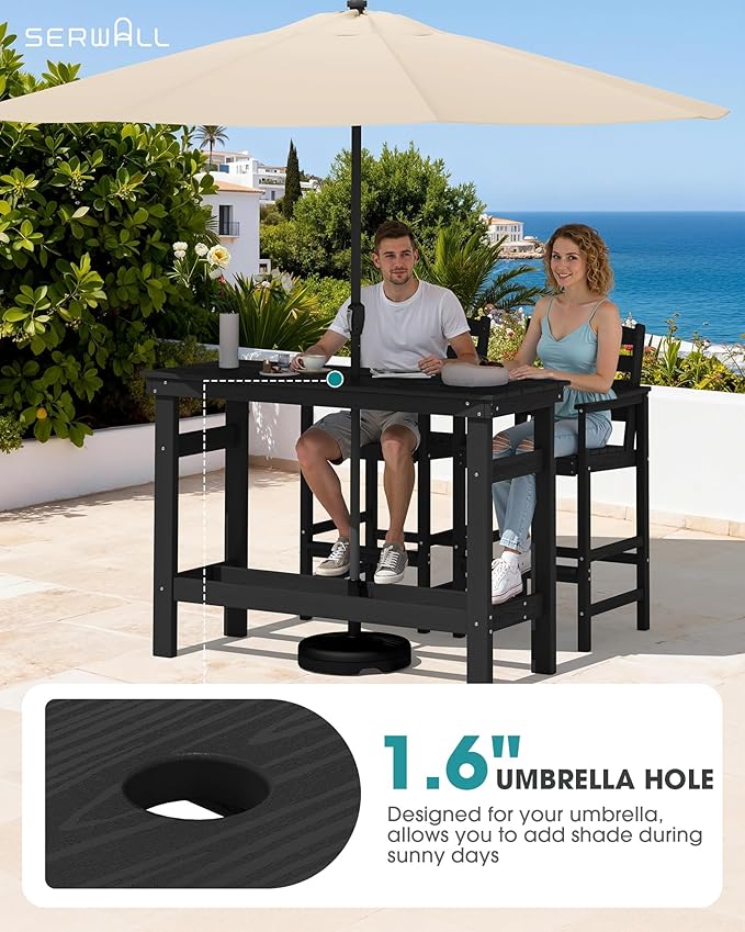 SERWALL 41" Outdoor Bar Table with 1.6" Umbrella Hole, HDPE Patio Bar Counter Height Table, All-Weather Rectangle Bar Table for Backyard, Garden, Poolside, Balcony - Black