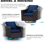 Joyside Wicker Patio Furniture Sets, 4 Pieces Upgraded Large Size Outdoor Furniture with Swivel Rocking Patio Chairs and Outdoor Ottoman, Thick Cushions, Wide Armrest