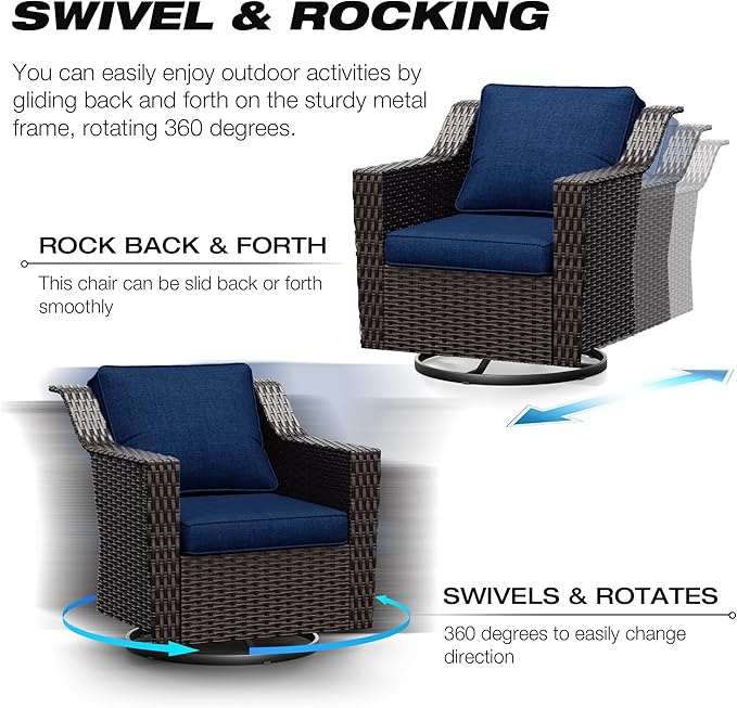 Joyside Wicker Patio Furniture Sets, 5 Pieces Upgraded Large Size Outdoor Furniture with Swivel Rocking Patio Chairs, Outdoor Ottoman and Side Table, Thick Cushions, Wide Armrest