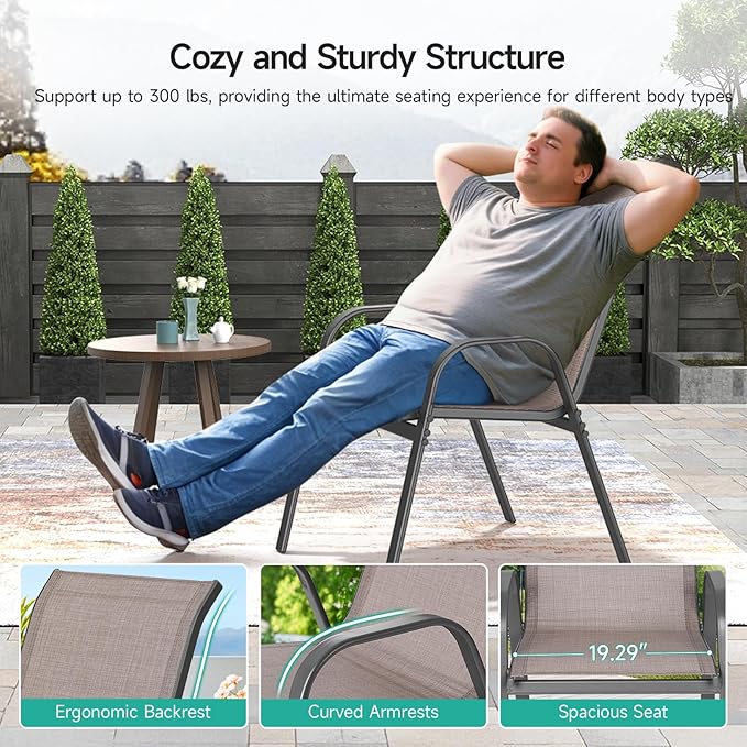 Patio Chairs Set of 4, Easily Set Up Stackable Outdoor Dining Chairs with High Back and Wide Seat, All Weather Breathable Outdoor Chairs Set of 4 with Metal Frame for Backyard Deck Pool, Brown