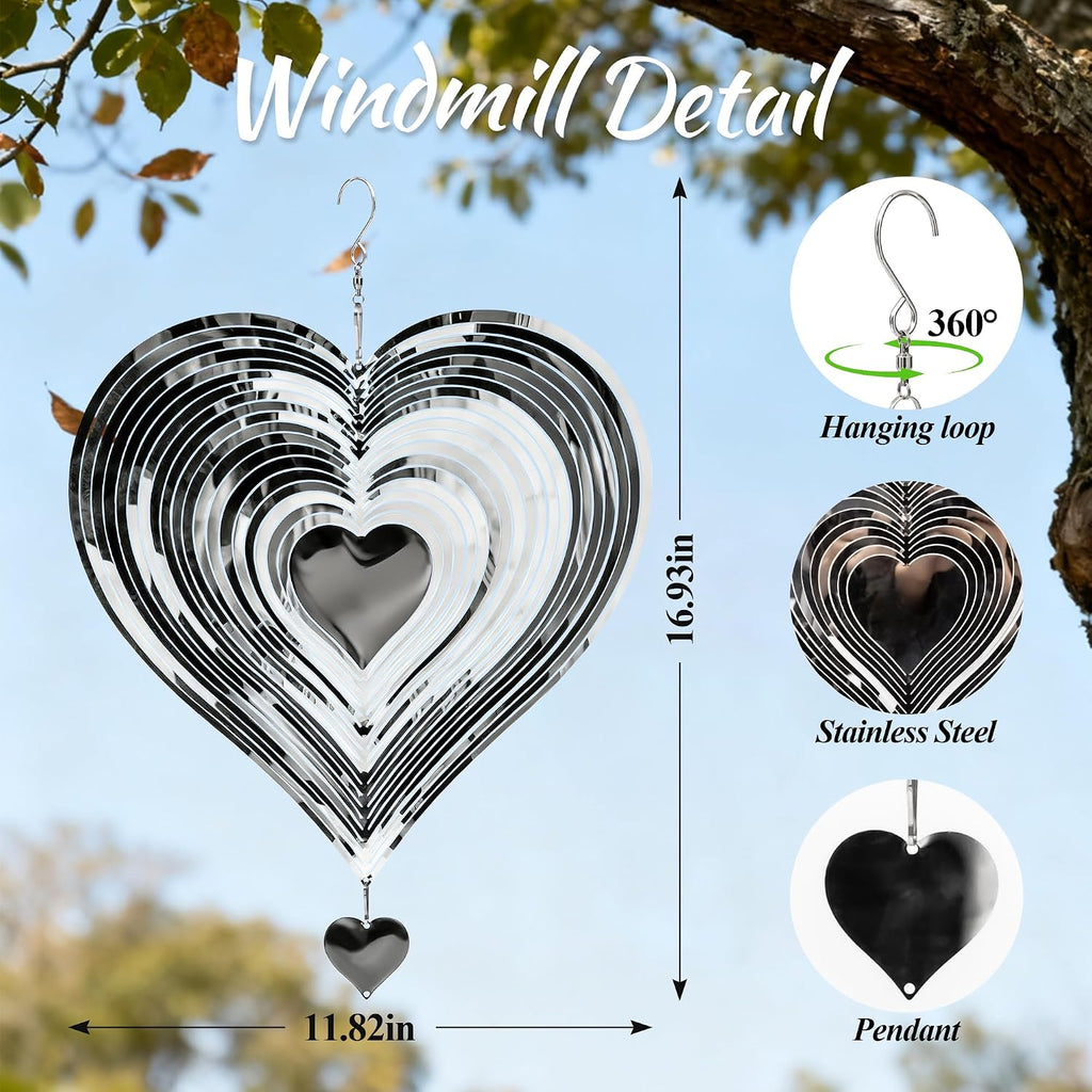 Wind Spinner 12-Inch Garden & Yard Decor, Birthday Gift for Mom | Hanging Yard Art, Garden Decoration for Outdoor and Indoor, Birthday Gift for Women, 3D Heart, Stainless Steel, 1 Pack