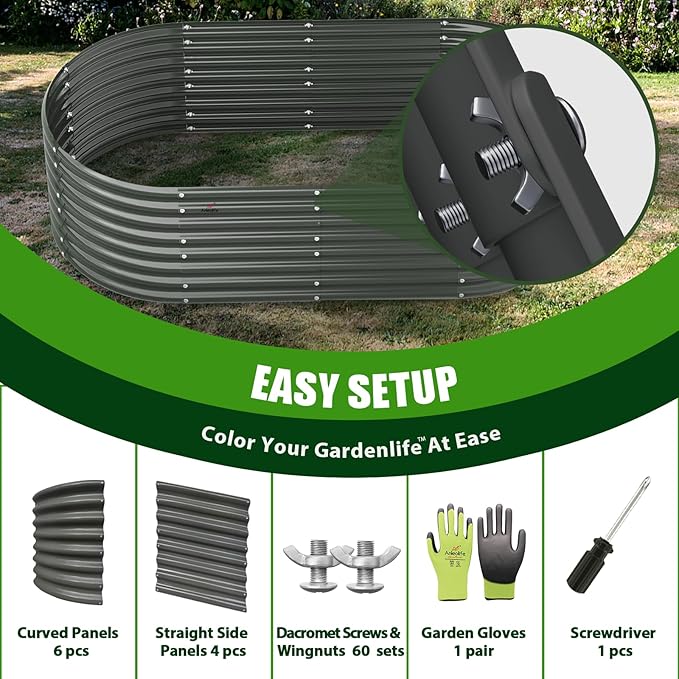 A ANLEOLIFE 8-Set 8X4X2 ft Galvanized Raised Garden Bed Kit, Oval Metal Deep Root Planters for Outdoor Plants, Quartz Grey