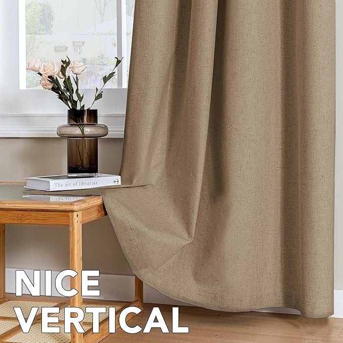 H.VERSAILTEX Linen Curtains 100% Blackout Curtains for Bedroom 108 inch Long Full Light Blocking Nature Linen Blended Window Curtains for Living Room Nickel Grommet (2 Panels, Heathered Macchiato)