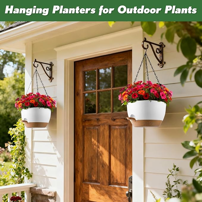 3-Piece Set of 10-Inch Hanging Planters with Automatic Watering System and Drip Tray, Includes Metal Chain, Suitable for Various Indoor and Outdoor Plants and Flowers, White-Brown