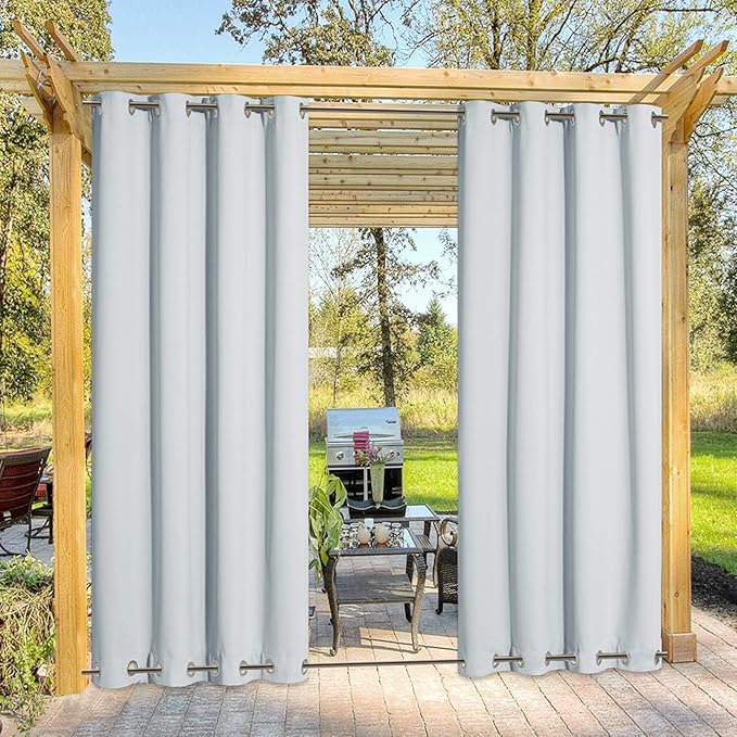NICETOWN Greyish White Privacy Outdoor Curtain for Patio, Waterproof Thermal Insulated Room Darkening Top and Bottom Rustproof Grommets, Windbreak Drape for Porch, 1 Pack, W52 x L108 inches
