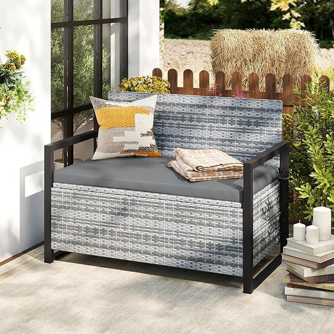 Tangkula 40 Gallon Outdoor Bench with Storage, Patio Wicker Storage Bench with Cushion, Cover, Metal Frame, Deck Box Seat for Backyard, Poolside, Balcony, Garden