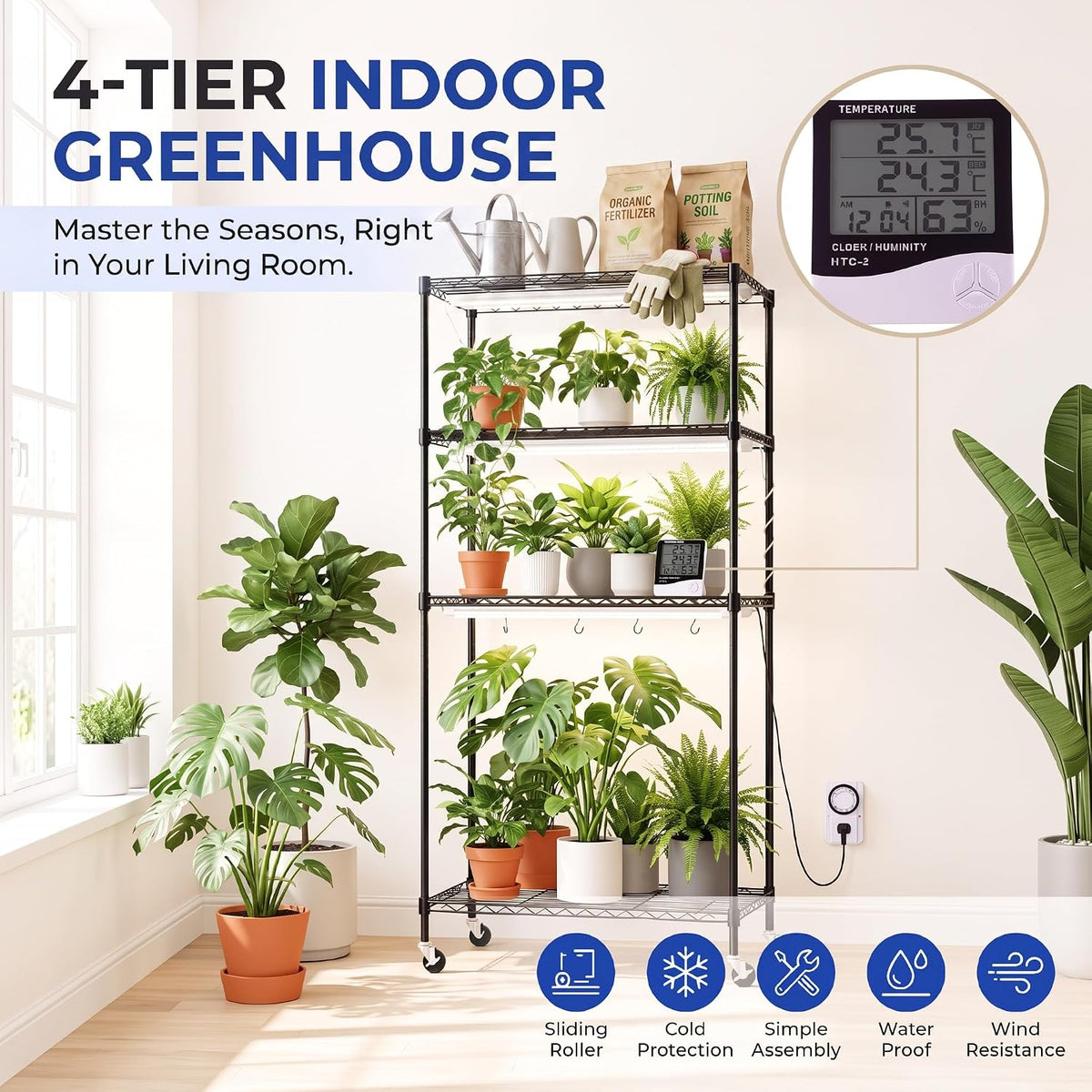 hikole indoor greenhouse with grow light, 4 tier shown in use
