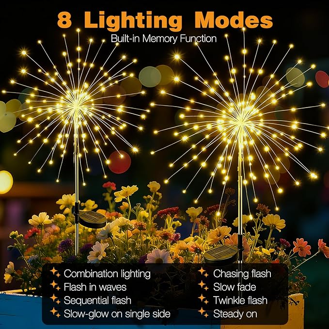 btfarm 6 Pack 120 LED Solar Garden Lights Outdoor, 8 Modes Firework Lights Solar Powered, Waterproof Twinkle Fairy Light Outside for Yard Patio Pathway Pool Christmas Party Decorative, Warm White