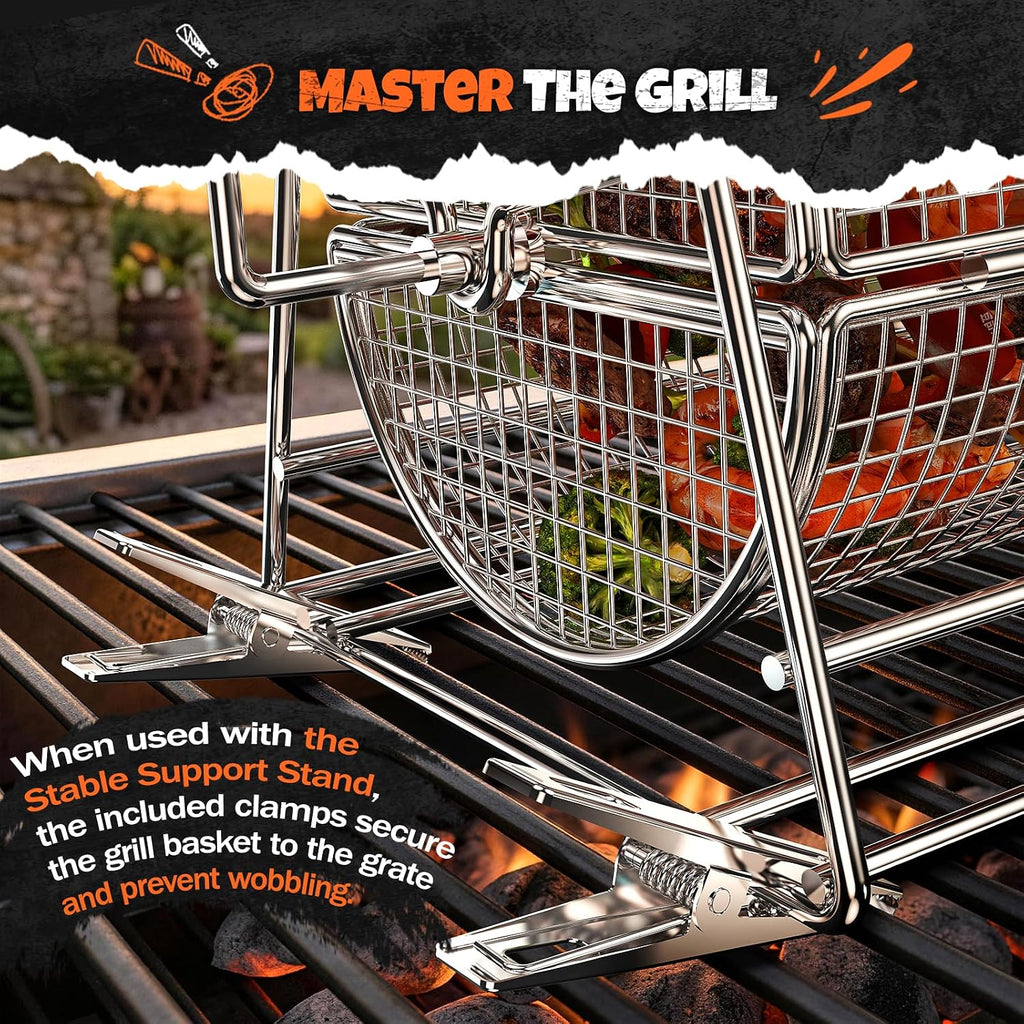 2-in-1 Rolling Grill Basket 304 Stainless Steel Rotatable with Dual Handles | Crank & Straight Grip Handles, Grill Net for Vegetables Shrimp & More, Ideal BBQ Gift for Men, Dad, Husband, Dishwasher Safe