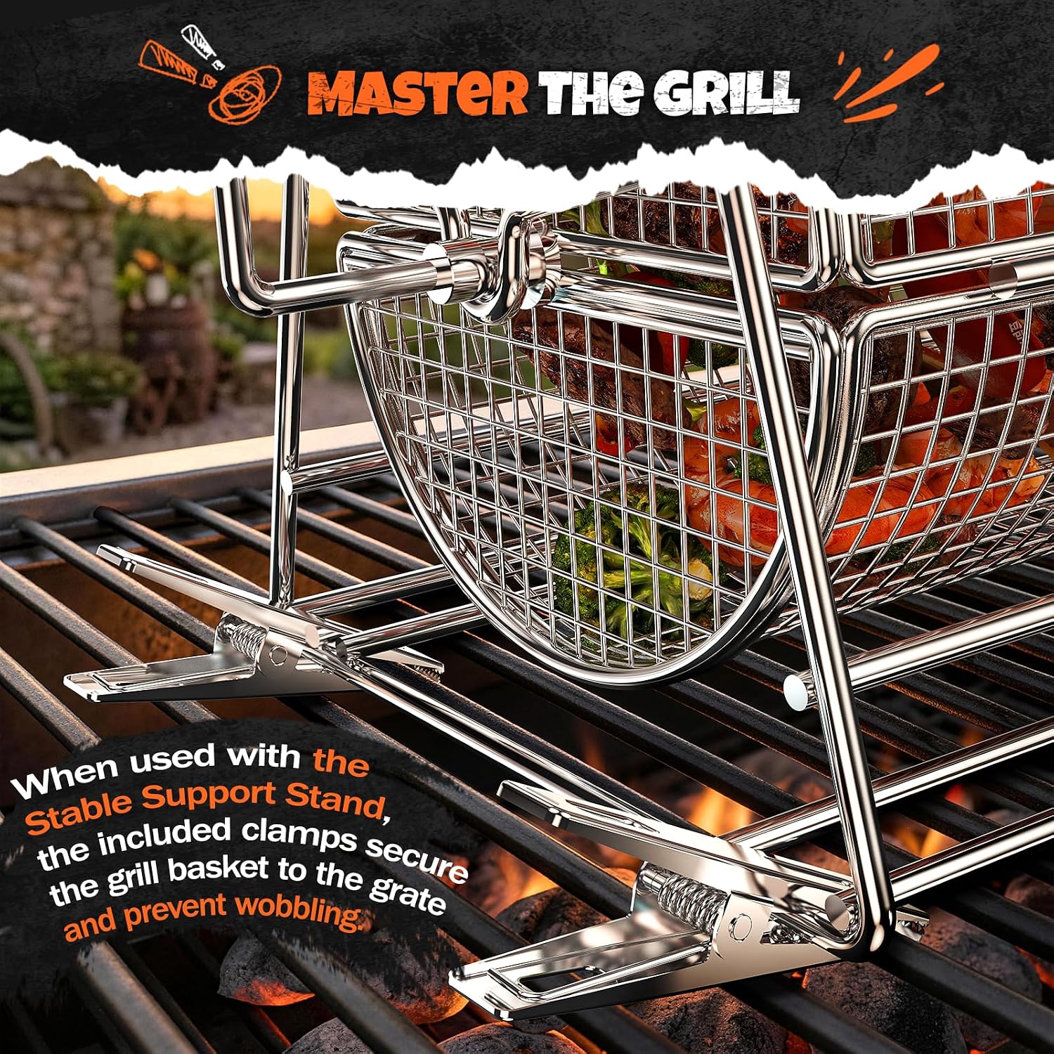 2-in-1 Rolling Grill Basket 304 Stainless Steel Rotatable with Dual Handles | Crank & Straight Grip Handles, Grill Net for Vegetables Shrimp & More, Ideal BBQ Gift for Men, Dad, Husband, Dishwasher Safe