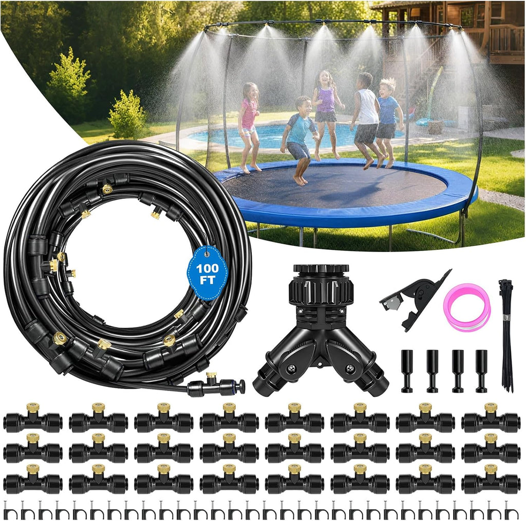 thiswing 100 ft dual-line misting cooling system with shown in use