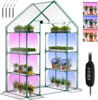 sunyrisy 4 tier dual indoor/outdoor greenhouse with grow shown in use