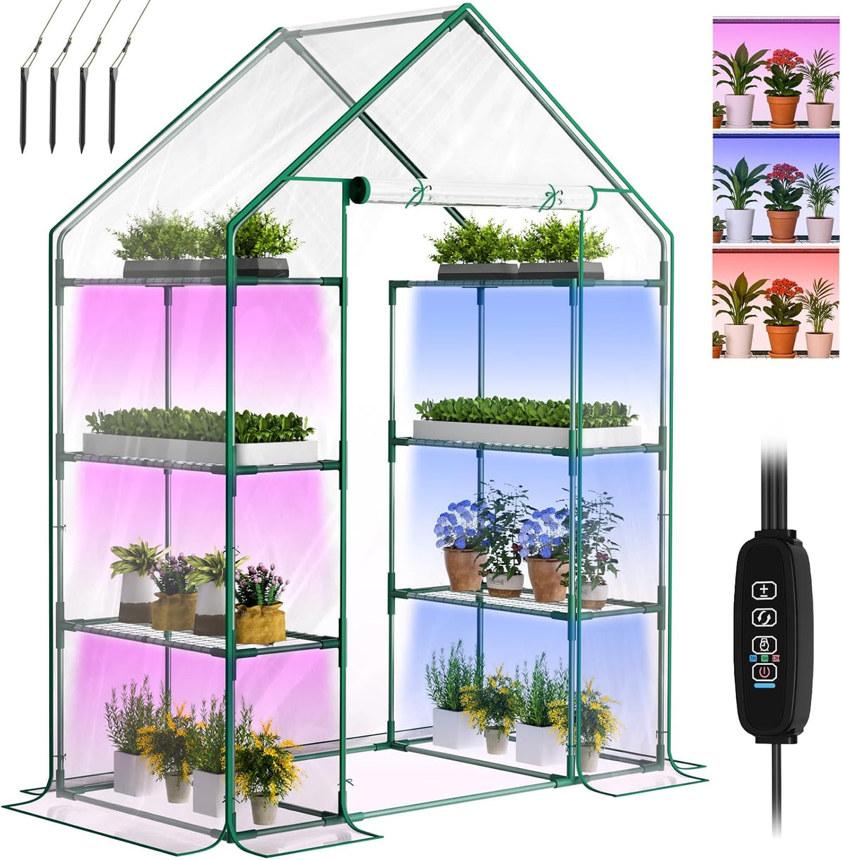 sunyrisy 4 tier dual indoor/outdoor greenhouse with grow shown in use