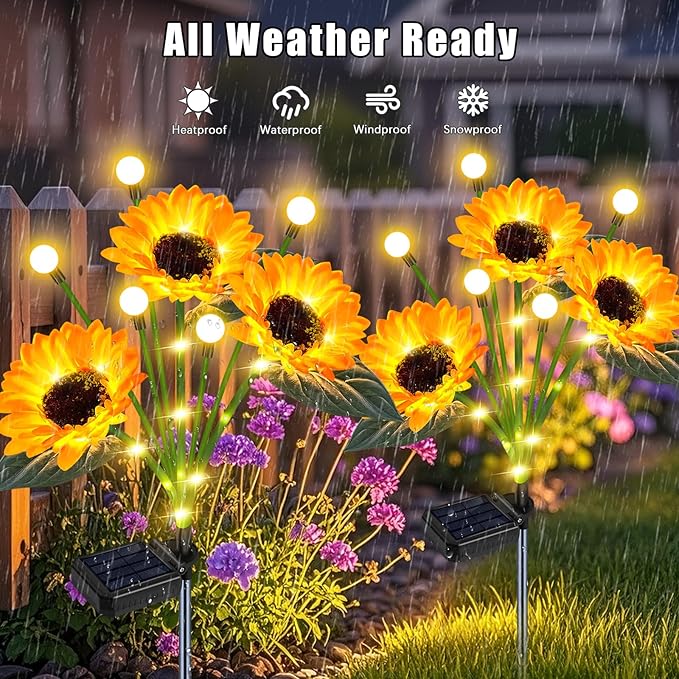 Sunflower Solar Lights Outdoor Garden Decor,Upgraded Solar Sunflowers with Firefly Lights Waterproof,Gifts for Mom Women Grandma,Garden Decor for Outside Yard Patio Pathway Lawn（2 Pack）