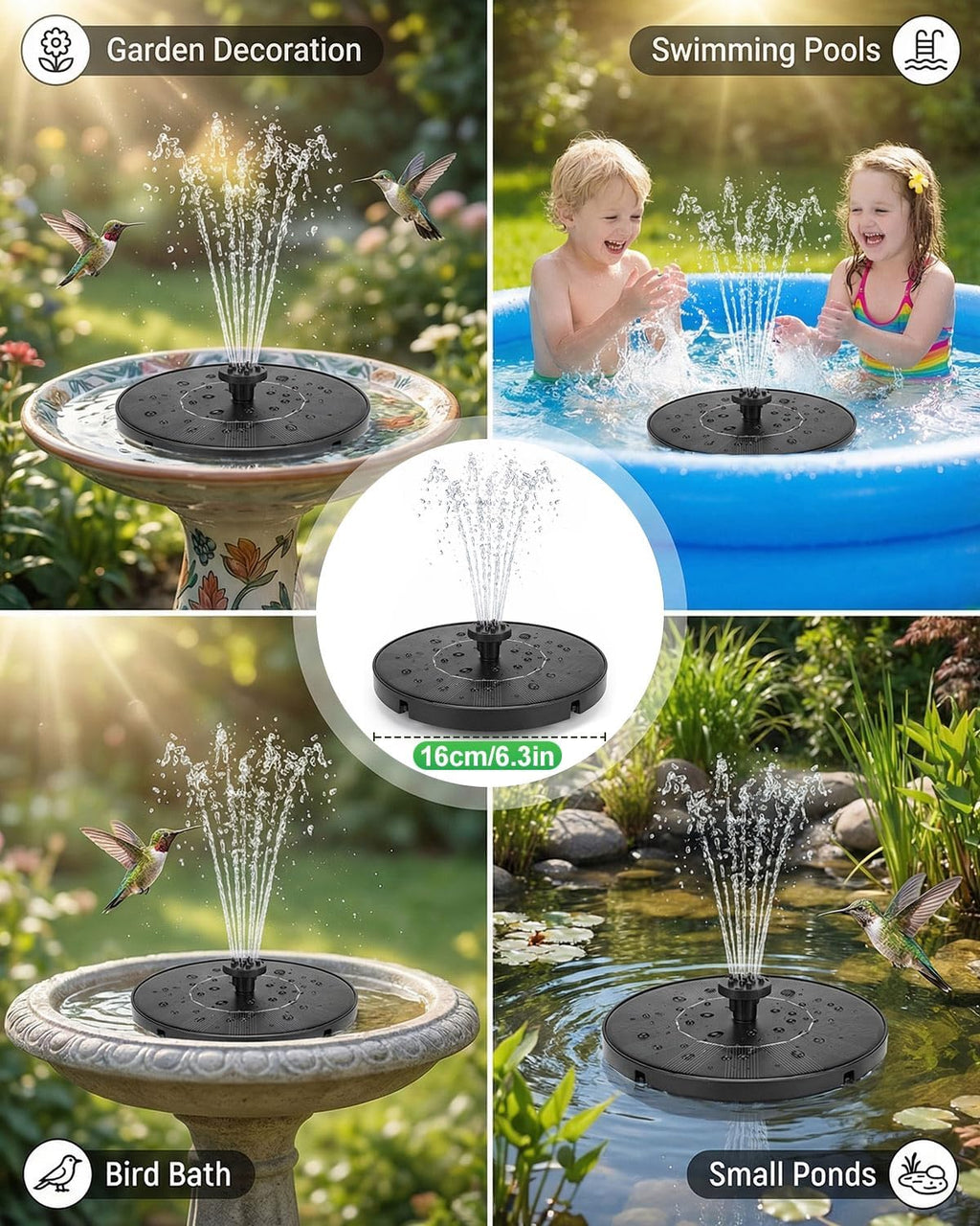 Solar Bird Bath Fountain – 2026 Upgraded 1.4W Solar Pump with 7 Nozzles and 4 Fixed Pipes, Floating & Free-Standing, Solar Fountain for Bird Bath, Garden, Pond, Pool