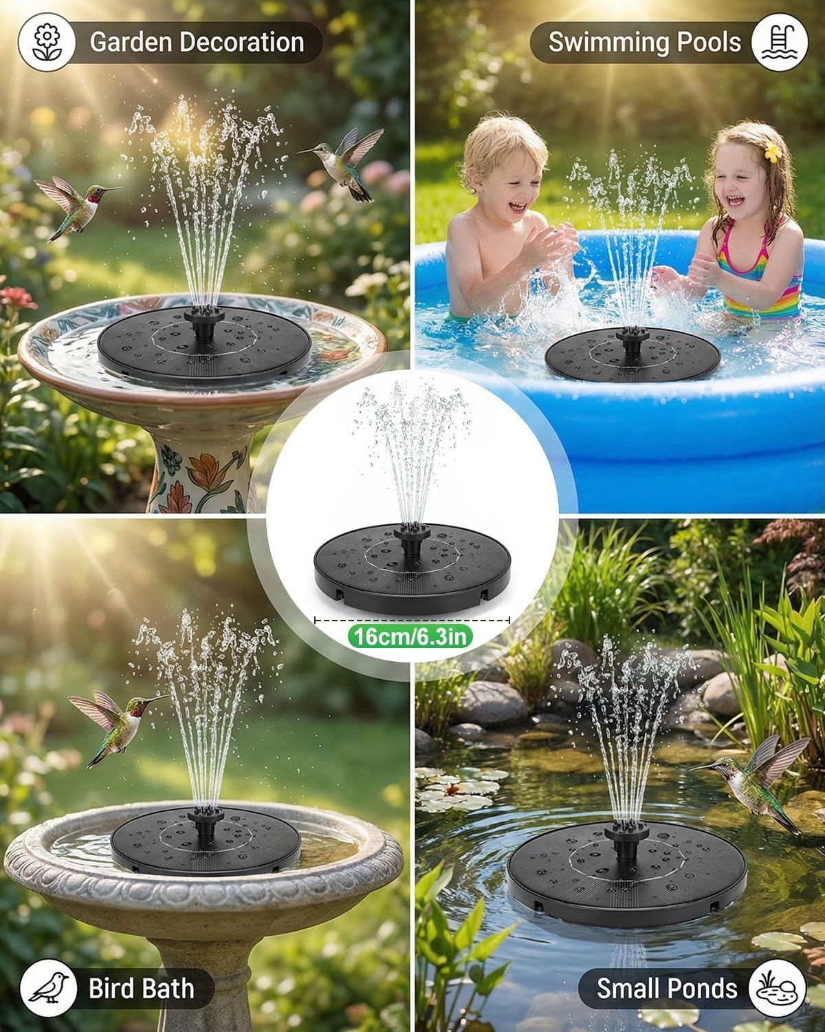 Solar Bird Bath Fountain – 2026 Upgraded 1.4W Solar Pump with 7 Nozzles and 4 Fixed Pipes, Floating & Free-Standing, Solar Fountain for Bird Bath, Garden, Pond, Pool
