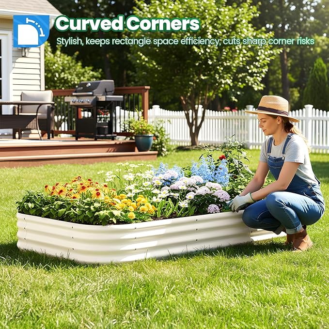 Quictent Galvanized Raised Garden Bed Kit, 8x4x1 ft Oval Metal Planter Box for Vegetables, Strengthened by Crossbar, Beige
