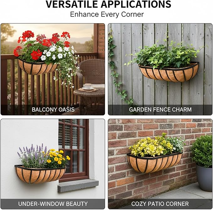36“ Window Box Railing Planter with Coco Liner Metal Wall-Mounted Coconut Liner Planter Basket English Horse Trough Planters for Outdoor Deck Balcony Porch Fence Patio Black (2 Pack)