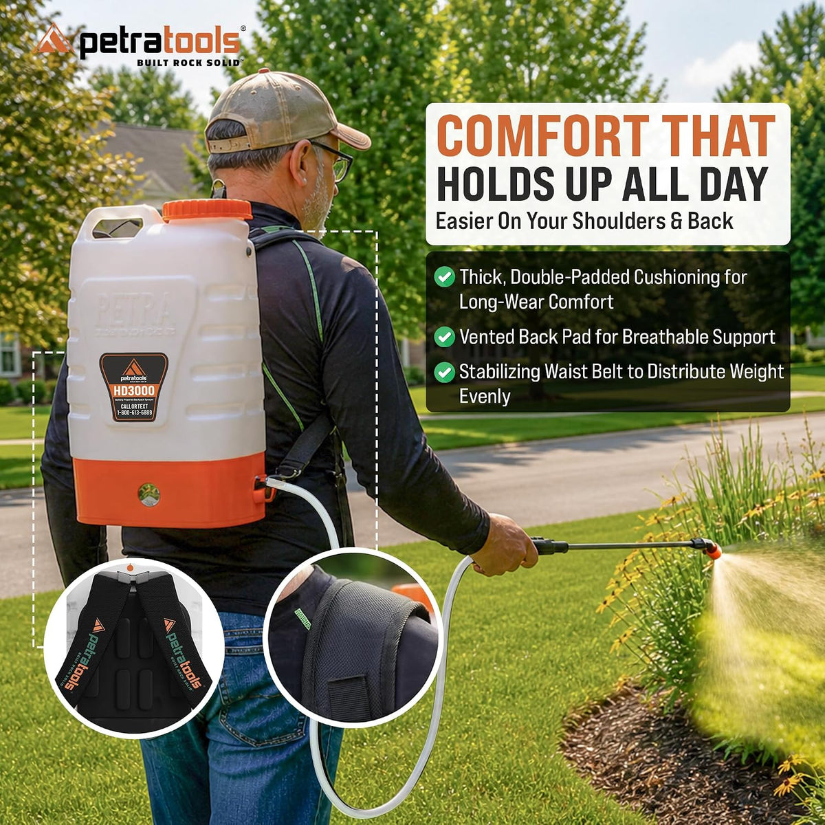 petratools 3 gallon battery powered backpack sprayer showing dimensions