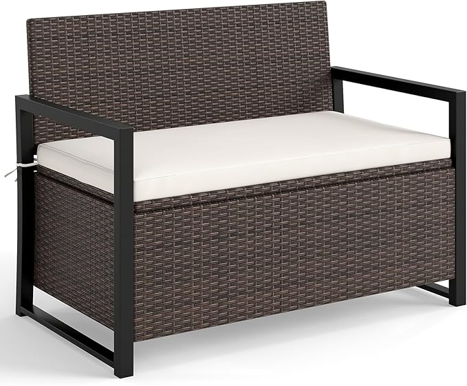 Tangkula 40 Gallon Outdoor Bench with Storage, Patio Wicker Storage Bench with Cushion, Cover, Metal Frame, Deck Box Seat for Backyard, Poolside, Balcony, Garden