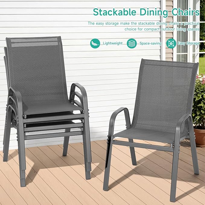 Patio Chairs Set of 6, All Weather Breathable Stackable Outdoor Dining Chairs with High Back and Wide Seat, Easily Set Up Outdoor Chairs Set of 6 with Metal Frame for Backyard Garden Pool, Grey