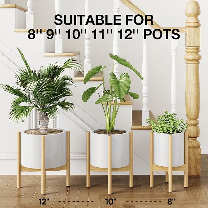 MUDEELA Plant Stand for Indoor Plants: Adjustable Width Fits 8-12 Inch Pots - Mid-century Modern Bamboo Plant Stand - 14.5 Inch Single Tier Small Floor Plant Holder, Natural, 2 Pack (Without Pot)