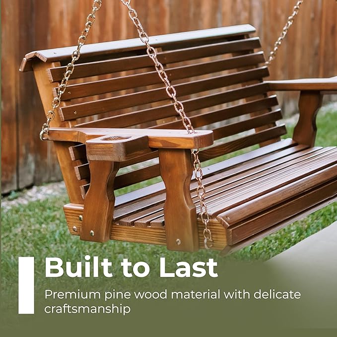 Amish Casual 5 Foot Roll Back Porch Swing with Cup Holders in Unfinished - Amish Made in The USA from Treated Pine Heavy Duty 700 Lb. Weight Capacity