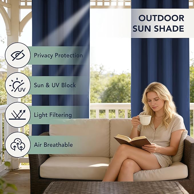 Outdoor Curtains for Patio Waterproof - 6 Panels Privacy Weatherproof Outside Curtains with Grommets for Pergola, Gazebo, Porch, Cabana, Balcony, 54 x 84 Inch, Navy