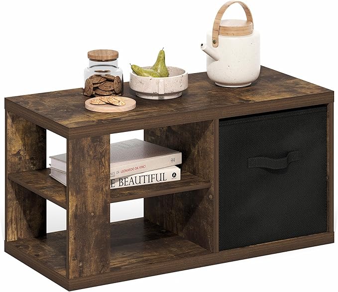 Furinno Viola Coffee Table, 3-Tier Modern Coffee Table with 1.2 Thick Tabletop, Side Table with Open Shelf and Storage Bin, for Living Room, Bedroom, Home Office, Amber Pine