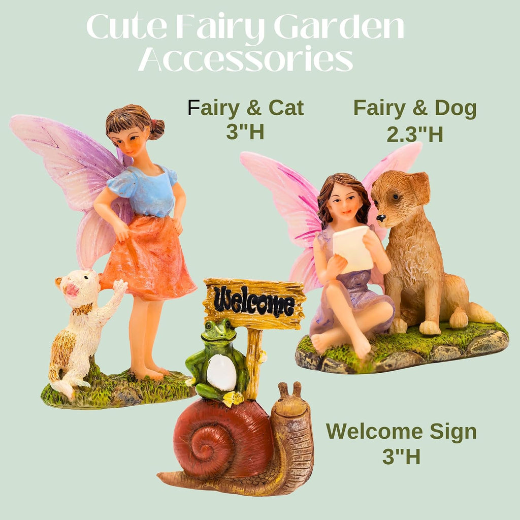 Fairy Garden House Kit & Sign | Hand-painted resin pinecone roof design; 2 fairies included; door opens; 6 inches high; outdoor indoor miniature decor