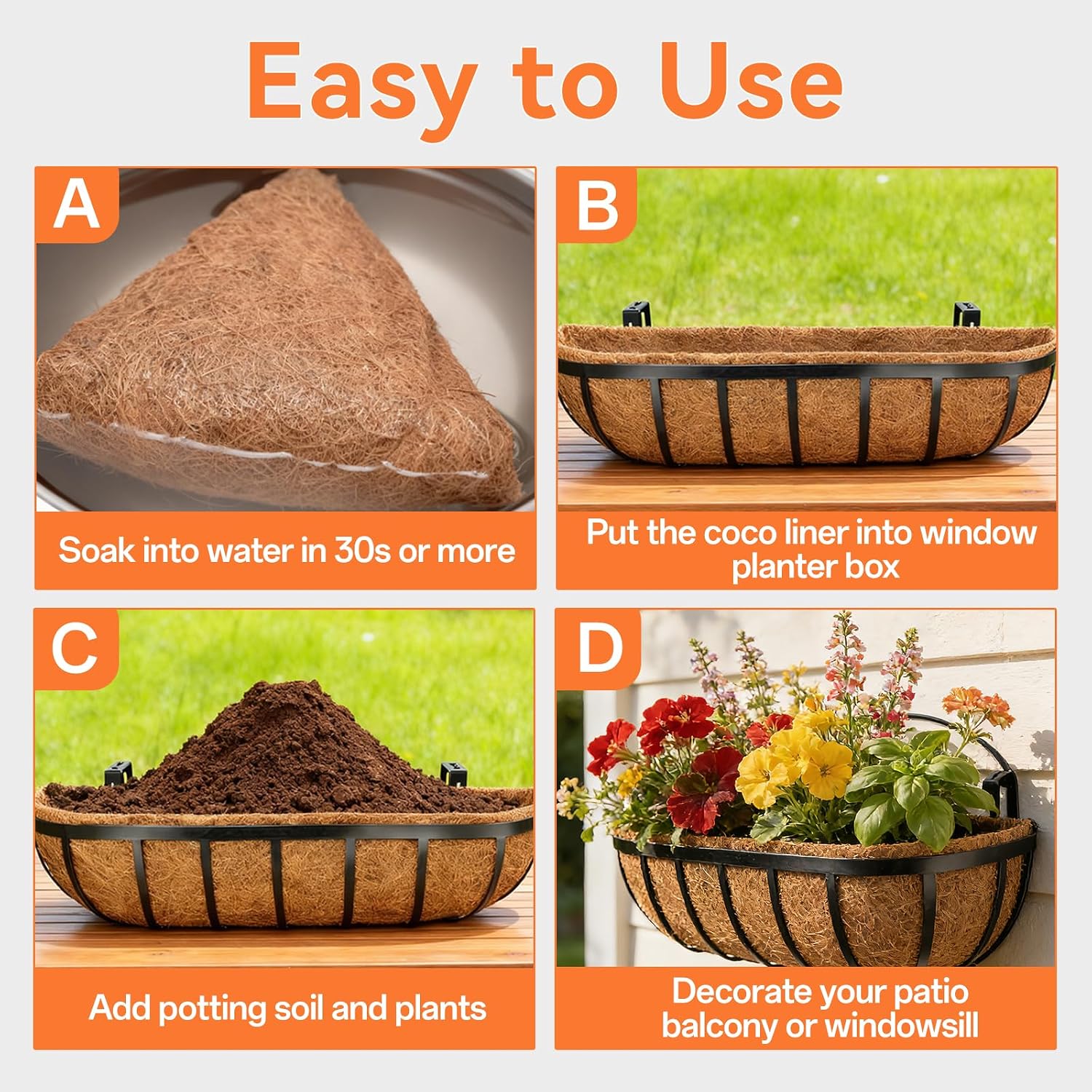 Halatool 30" Coco Liners for Planters, 3Pcs Coconut Liners for Window Boxes | 100% Natural Coconut Fiber, Replacement Liner for Wall & Railing Planters, Fence & Balcony, Breathable & Eco-Friendly