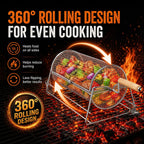 2-in-1 Rolling Grill Basket 304 Stainless Steel Rotatable with Dual Handles | Crank & Straight Grip Handles, Grill Net for Vegetables Shrimp & More, Ideal BBQ Gift for Men, Dad, Husband, Dishwasher Safe
